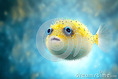 Yellow with white belly puffer fish swimming in clear blue sea water Stock Photo