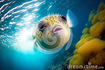 Yellow with white belly puffer fish swimming in clear blue sea water Stock Photo