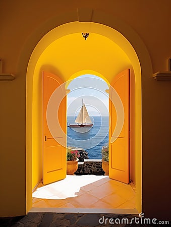 a yellow and white building with a sailboat in the water. AI generated Stock Photo
