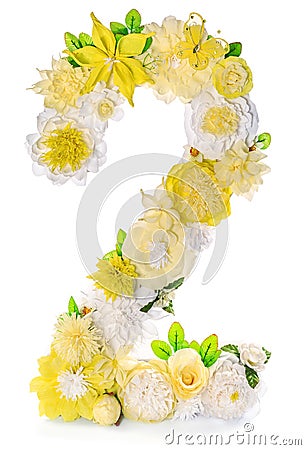 Yellow-white handicraft number 2 made of paper flowers on a white background Stock Photo