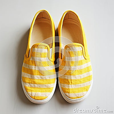 Yellow And White Striped Linen Vans Slip-ons - Contemporary Diy Style Stock Photo