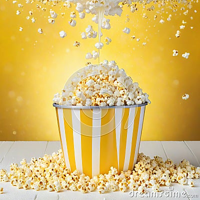 a yellow and white striped popcorn bucket with popcorn spilling out of it on a yellow background with a drop of popcorn Cartoon Illustration