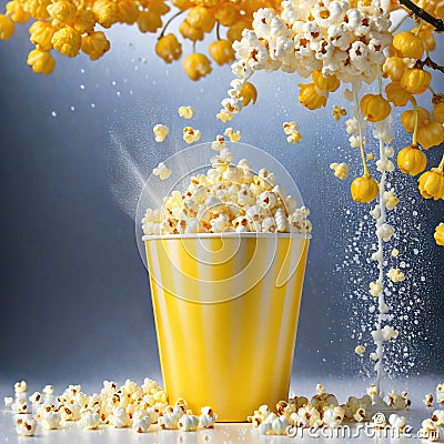 a yellow and white striped popcorn bucket with popcorn spilling out of it on a yellow background with a drop of popcorn Cartoon Illustration