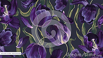 Vintage background in dark colors with realistic dark purple tulips flowers. Vector Illustration