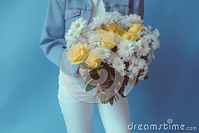 blue woman white anniversary hand flower yellow romantic sweater bouquet floral. Generative AI. Stock Photo