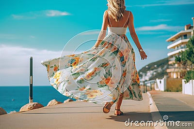 woman sea person fashion hippie resort lifestyle beach dress beautiful summer. Generative AI. Stock Photo