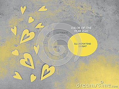 yellow wooden heart shapes on grey concrete surface. Demonstrating trendy colors of year 2021 Editorial Stock Photo
