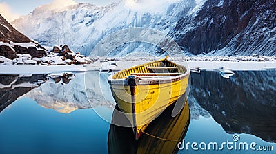 Yellow wooden rowing boat on a calm lake in winter landscape Stock Photo