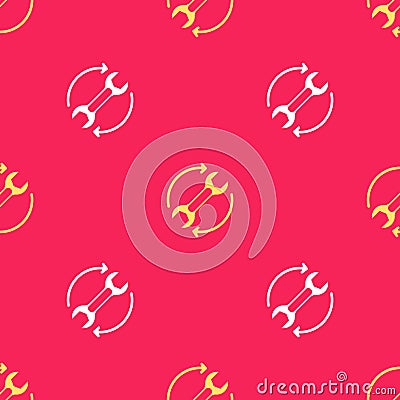 Yellow Wrench spanner and arrows as workflow icon isolated seamless pattern on red background. Adjusting, service Vector Illustration