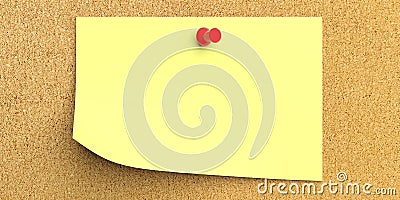 Yellow write note with pushpin and blank space, isolated on cork background, 3d illustration. Cartoon Illustration