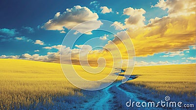 abstract image with smooth transitions from yellow field with a road to a blue sky Stock Photo