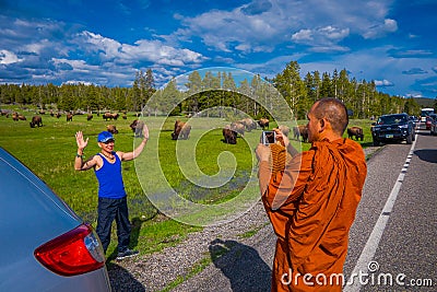 YELLOWSTONE, MONTANA, USA MAY 24, 2018: Unidentified monk taking pictures with a camera to a tourist, with a herd of Editorial Stock Photo