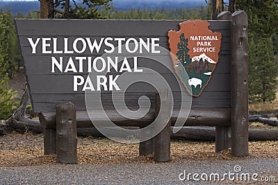 Yellowstone National Park entry sign at the south entrance Editorial Stock Photo