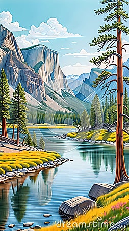 Yellowstone National Park USA: Detailed Line Drawing, Peaceful View, Pastel Pencils, Elegant Coloring Stock Photo