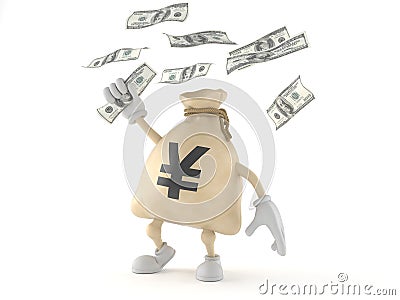 Yen money bag character catching money Cartoon Illustration