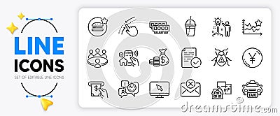 Yen money, Ranking stars and Software bug line icons. For web app. Vector Vector Illustration