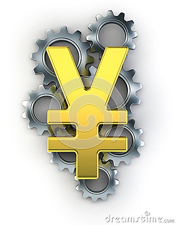 Yen sign on top of cogs Stock Photo