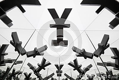 Yen or Yuan Currency Symbol With Many Mirroring Images Stock Photo