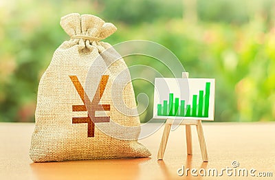 Yen Yuan money bag and easel with green positive growth graph. Recovery and growth of economy, good investment attractiveness. Stock Photo