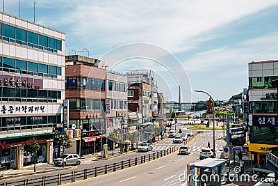 Admiral Yi Sun-shin square and city street in Yeosu, Korea Editorial Stock Photo