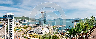 Panoramic view of Yeosu Expo park and Odongdo Island and sea from Jasan Park in Yeosu, Korea Editorial Stock Photo