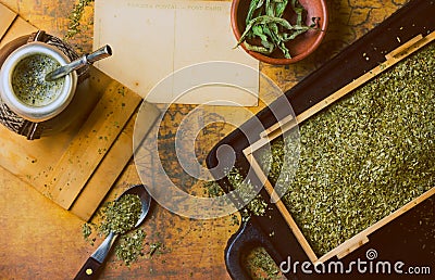 Yerba herb mate on antique map. Top View. Vintage background Stock Photo