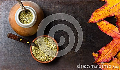 Yerba herb mate latin american tea black background. Top view Stock Photo