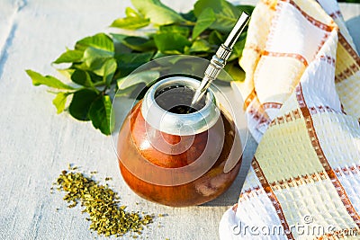 Yerba mate in gourd calabash with bombilla Stock Photo