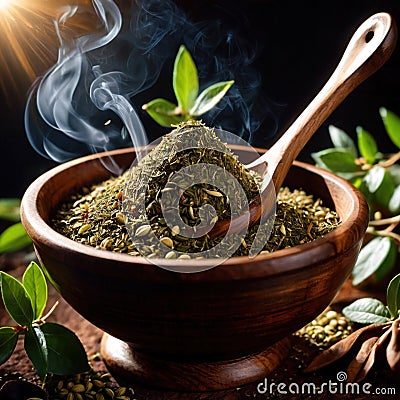 Yerba Mate, traditional herb drink, brewed fresh herbs Stock Photo