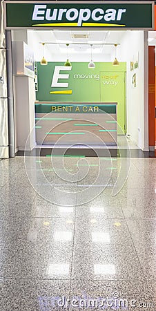 Yerevan, Armenia, April 4, 2023 Europcar car rental office. Europcar logo on a panel. Europcar logo brand and text sign on wall Editorial Stock Photo