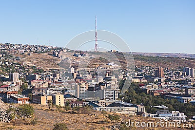 Yerevan, Armenia, beautiful super-wide angle panoramic view of Yerevan with Mount Ararat, cascade complex, mountains and scenery Stock Photo