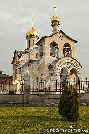 The new white stone Orthodox Church of the Life-giving Cross of the Lord, at the intersection of Admiral Isakov Avenue with Bagrat Editorial Stock Photo