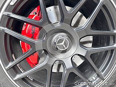 Yerevan, Armenia, March 6, 2023: Mercedes-Benz G 63 AMG 2023 V8 Biturbo exterior details. Tyre and alloy wheel. Modern brakes. Car Editorial Stock Photo