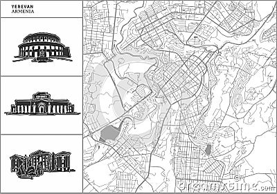 Yerevan city map with hand-drawn architecture icons Vector Illustration