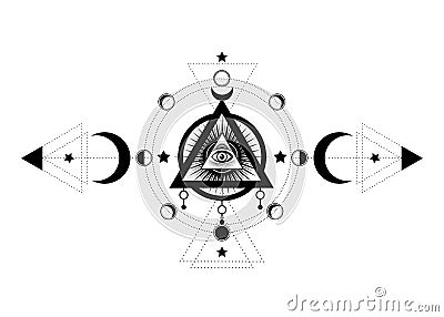 Eye of Providence. Masonic symbol. All seeing eye inside triple moon pagan Wicca moon goddess symbol. Vector illustration. Tattoo Vector Illustration