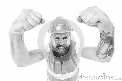 Yes we can. Man engineer protective uniform white background. Engineering career concept. Architect builder engineer Stock Photo