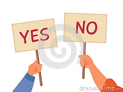 Yes no banner. Isolated text placard, hands hold right wrong message. Idea or choice, correct and incorrect dialog mark Vector Illustration