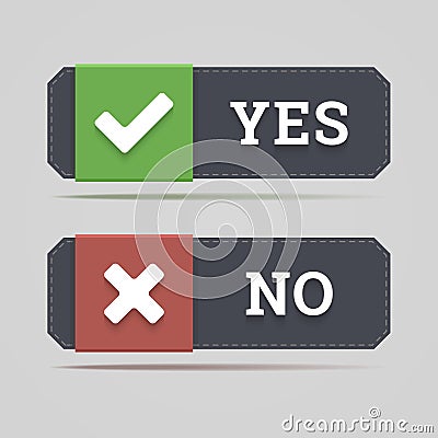 Yes and no button with check and cross icons in flat style. Vector Illustration
