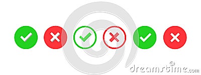 yes and no buttons. Green check mark and red cross icon. Set of simple icons in flat style: Approved Disapproved, Accepted Rejecte Vector Illustration