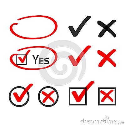 Yes no check box list marker ticks, felt tip pen highlight vector, handwritten x close cross, ok doodle poll vote Vector Illustration