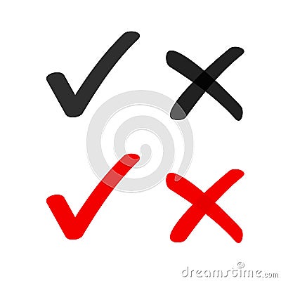 Yes no check box list marker ticks icons vector isolated, x close handdrawn cross, ok doodle poll vote checkmark, right Vector Illustration