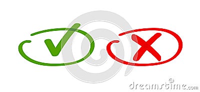 Yes no or dos and don`ts drawn written check mark cross hand drawn graphic red green clipart, false true tips instructions elemen Vector Illustration