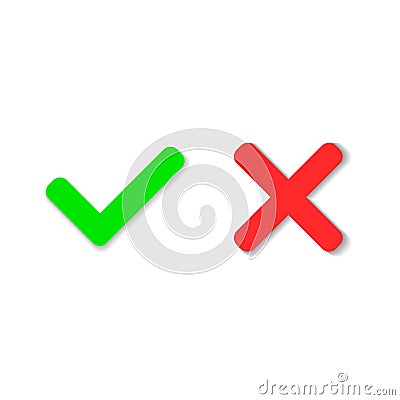 Yes or No icons. Green check mark and red cross icon isolated on Vector Illustration