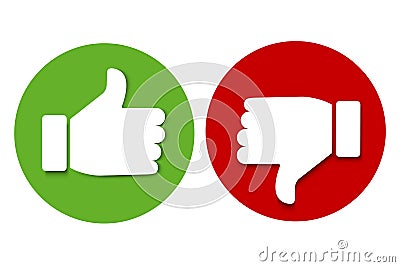 Yes and no icons, like and dislike. Green and red badge of approval and hostility. Thumb up and down Editorial Stock Photo