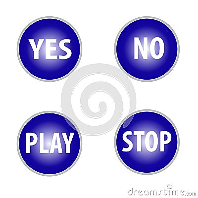 Yes no tick and play,stop buttons in blue color isolated on white background Stock Photo