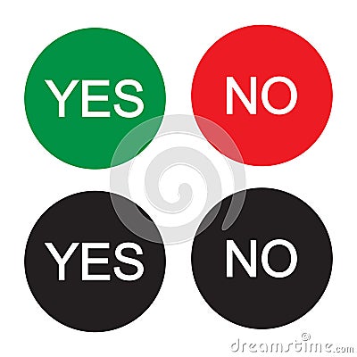 Yes and no vector button set. Red and green round shape icon. Poll and voting choice buttons. Panel checkout symbol sign. Vector Illustration