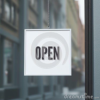 Shop Open Sign in Store Window Stock Photo