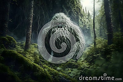 Yeti or abominable snowman walks through winter forest area. Neural network generated art Stock Photo