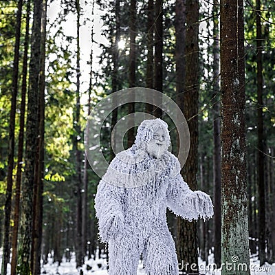 Yeti fairy tale character in winter forest. Outdoor fantasy photo. Stock Photo