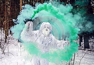 Yeti fairy tale character in winter forest. Outdoor fantasy photo. Stock Photo